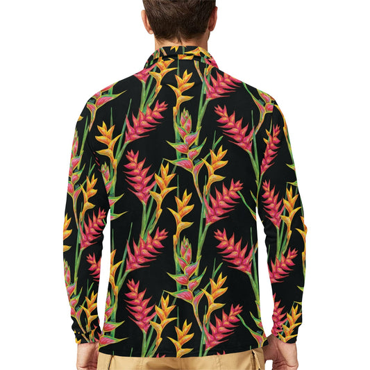 Heliconia Pattern Print Design HL01 Long Sleeve Polo Shirt For Men's