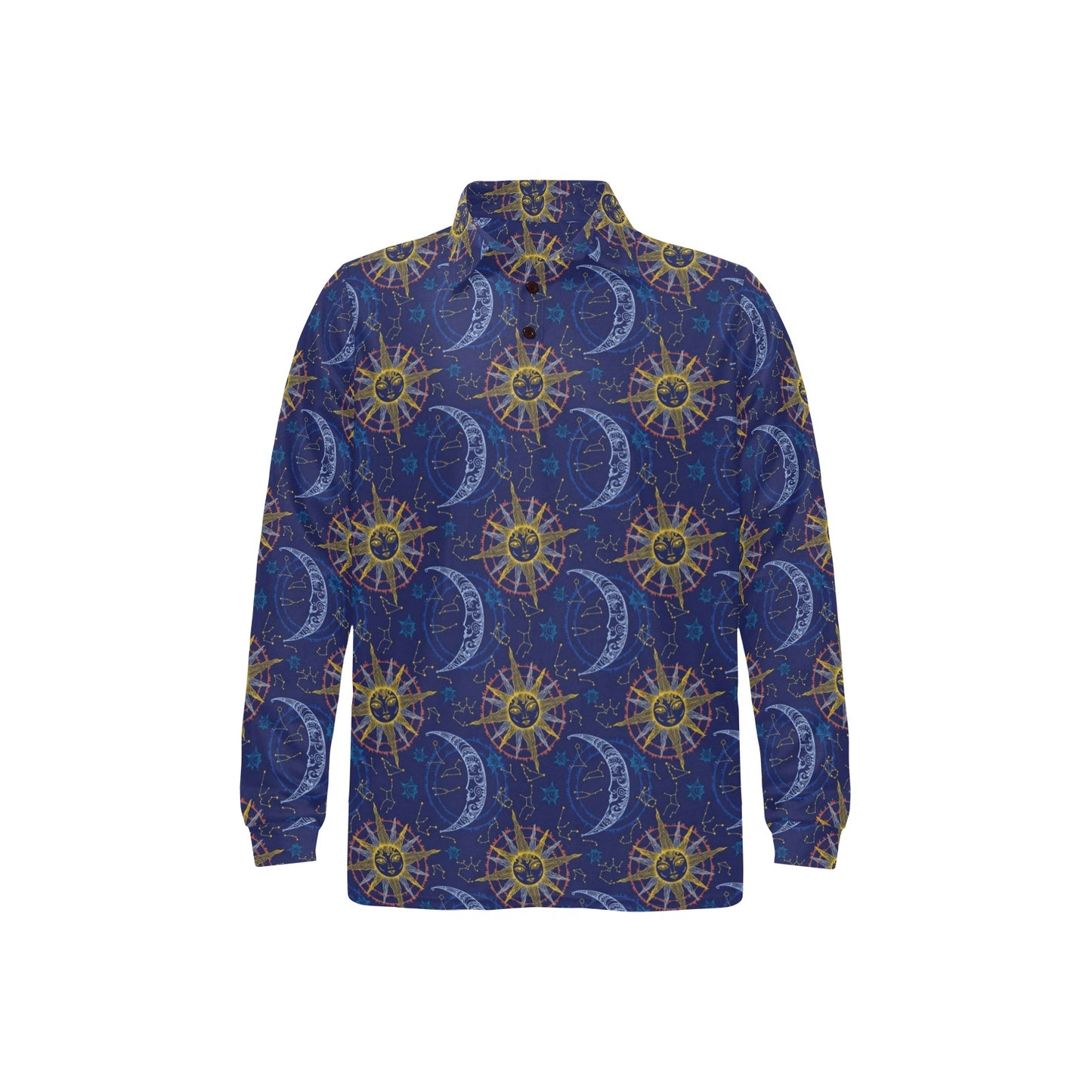 Celestial Moon Sun Pattern Print Design 01 Long Sleeve Polo Shirt For Men's
