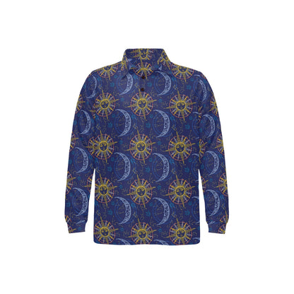 Celestial Moon Sun Pattern Print Design 01 Long Sleeve Polo Shirt For Men's