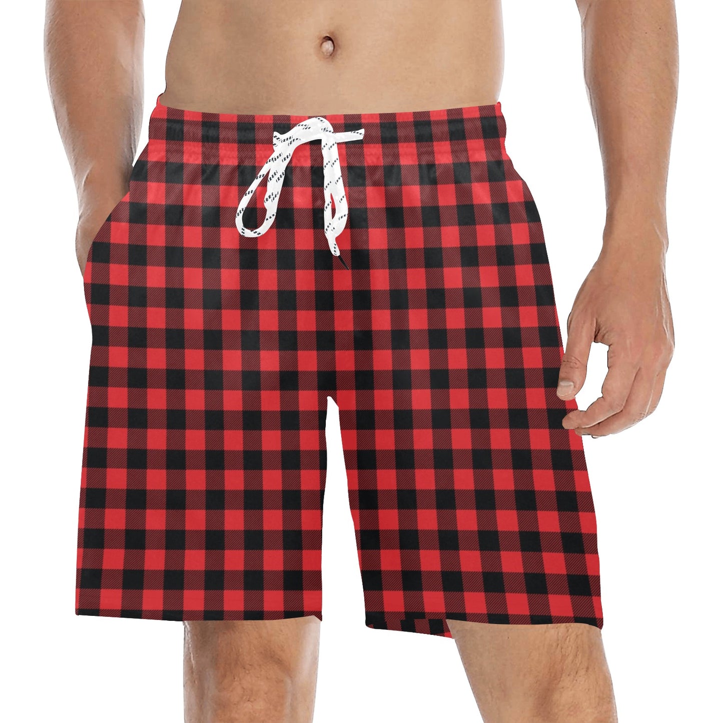 Red Black Buffalo Tartan Plaid Pattern Men's Swim Trunks Beach Shorts