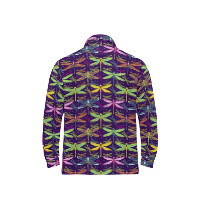 Dragonfly Neon Color Print Pattern Long Sleeve Polo Shirt For Men's