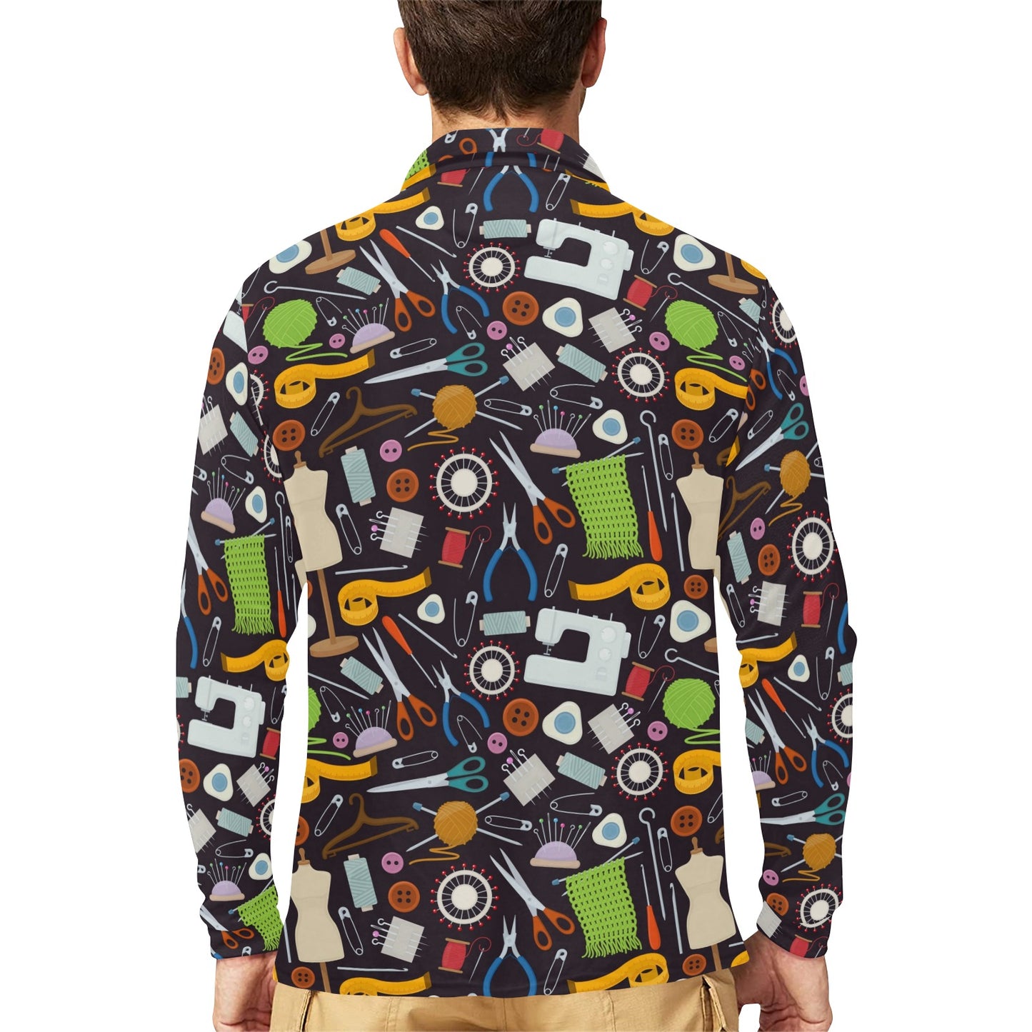 Sewing Equipment Print Design LKS308 Long Sleeve Polo Shirt For Men's