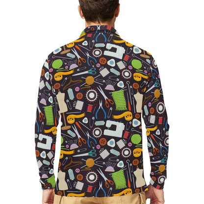 Sewing Equipment Print Design LKS308 Long Sleeve Polo Shirt For Men's