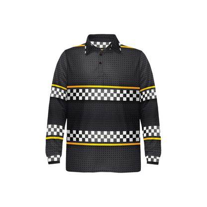 Checkered Flag Yellow Line Style Long Sleeve Polo Shirt For Men's