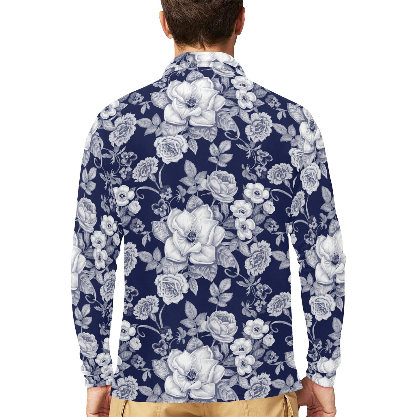Floral Infrared Pattern Long Sleeve Polo Shirt For Men's