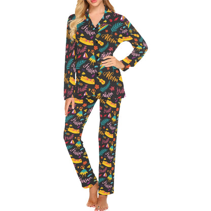 Aloha Hawaii Summer Design Themed Print Women's Long Pajama Set