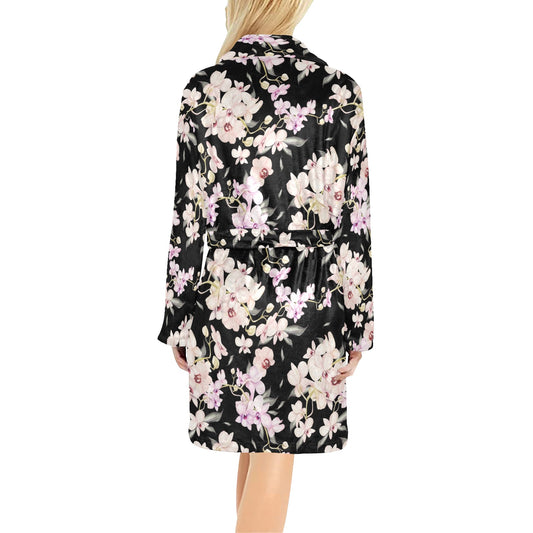 Orchid White Pattern Print Design OR03 Women's Fleece Robe