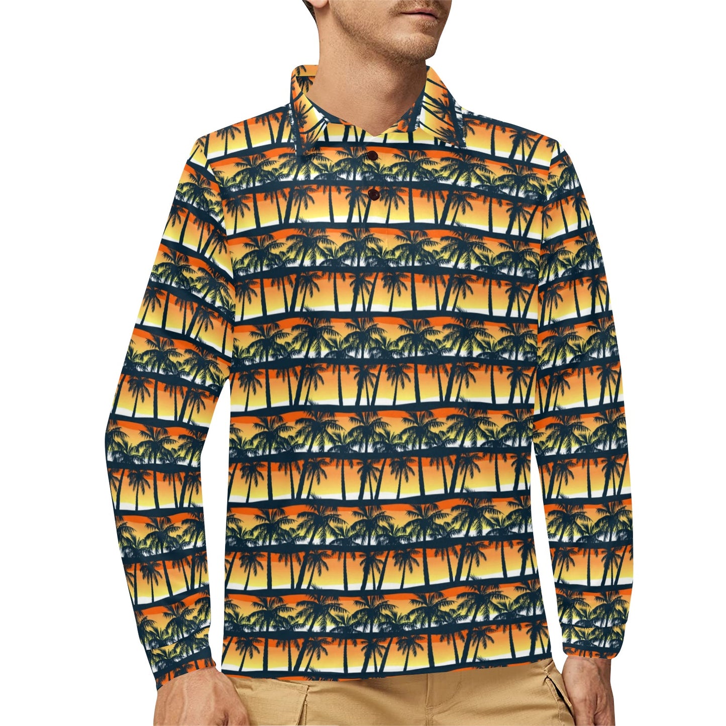 Palm Tree Sunset Design Print Long Sleeve Polo Shirt For Men's