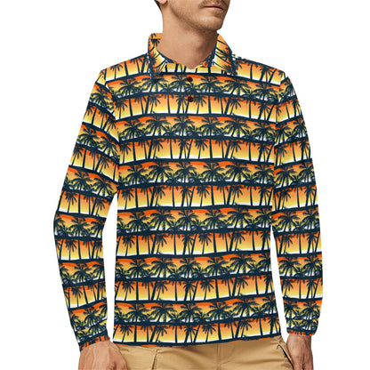 Palm Tree Sunset Design Print Long Sleeve Polo Shirt For Men's