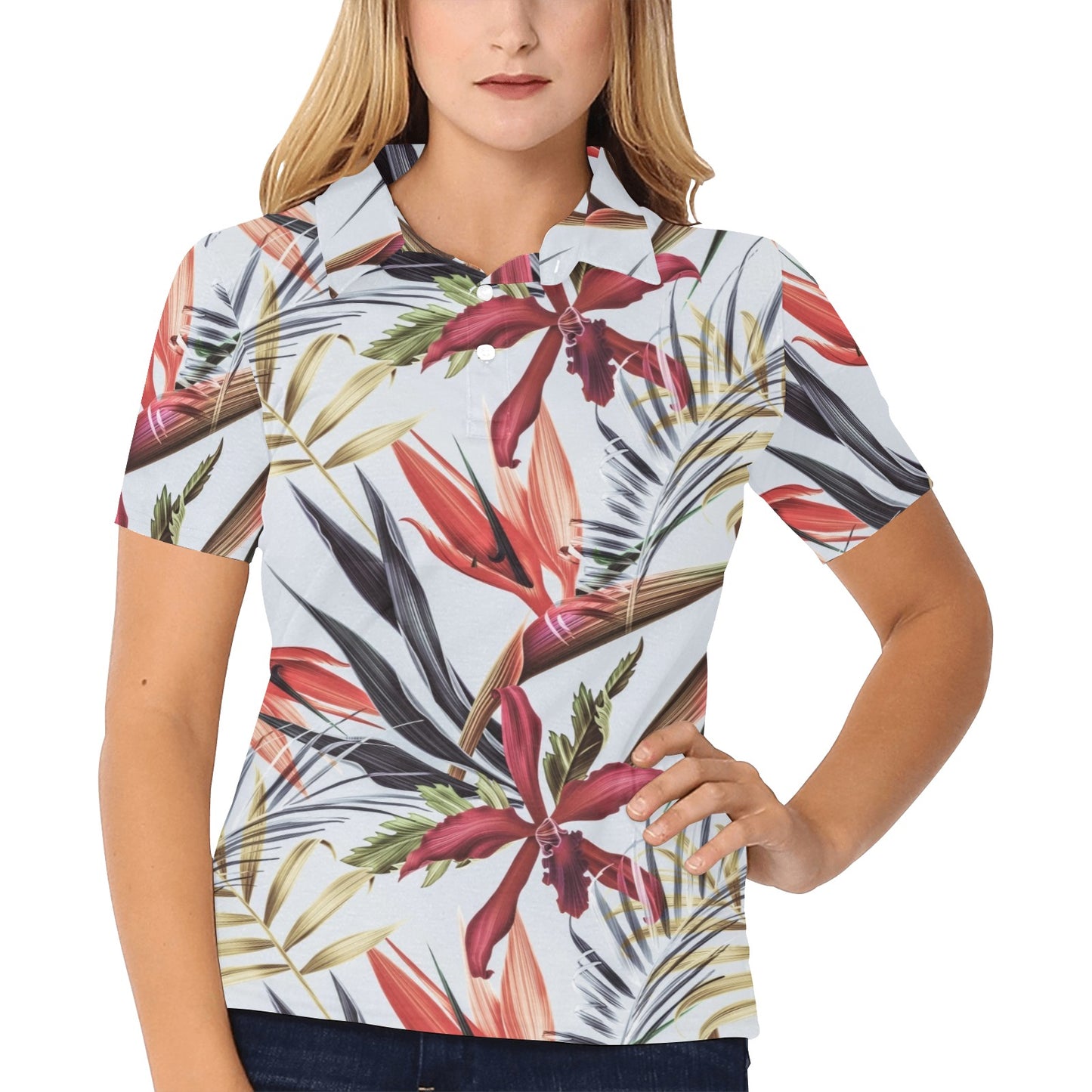 Tropical Flower Pattern Print Design TF021 Women's Polo Shirt