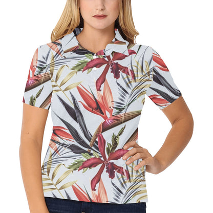 Tropical Flower Pattern Print Design TF021 Women's Polo Shirt