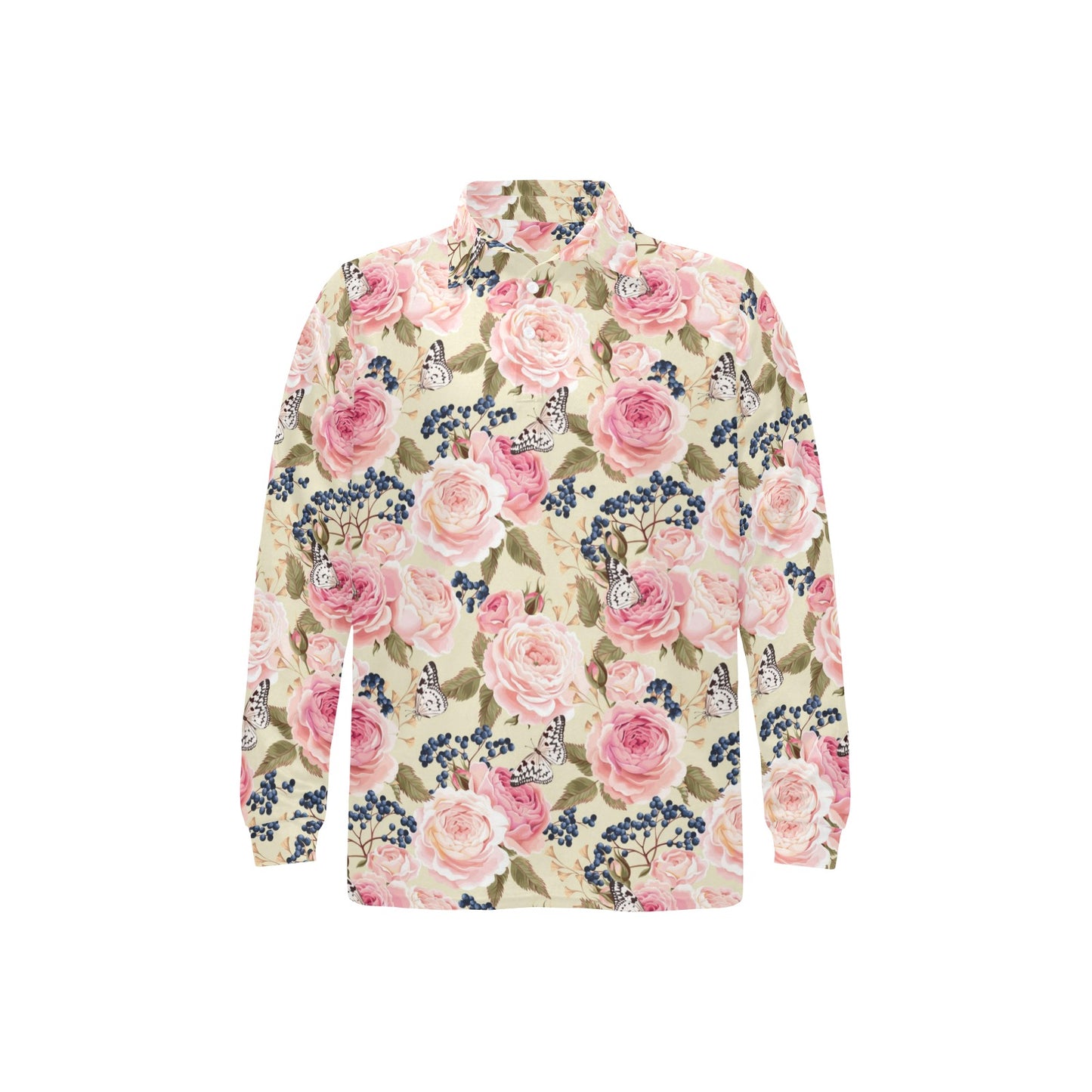 Floral Pink Butterfly Print Long Sleeve Polo Shirt For Men's