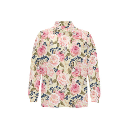 Floral Pink Butterfly Print Long Sleeve Polo Shirt For Men's