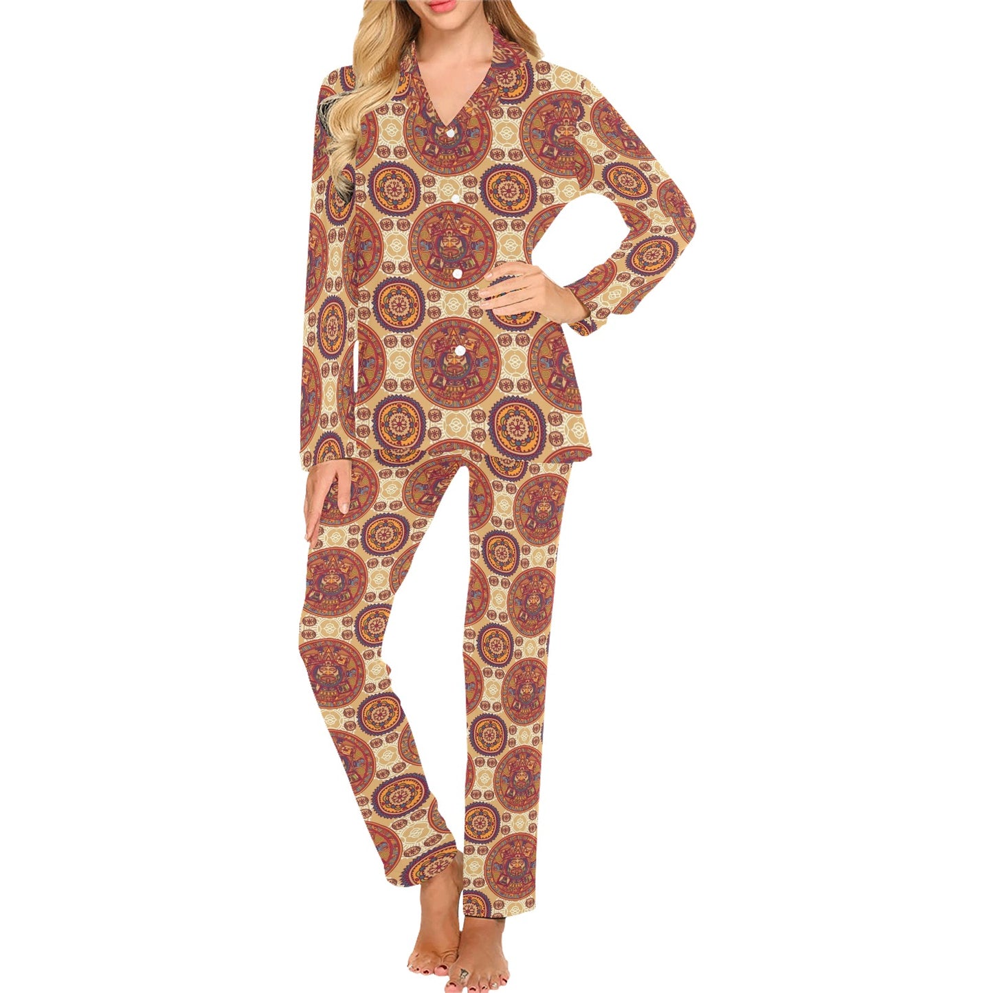 Calendar Aztec Pattern Print Design 01 Women's Long Pajama Set