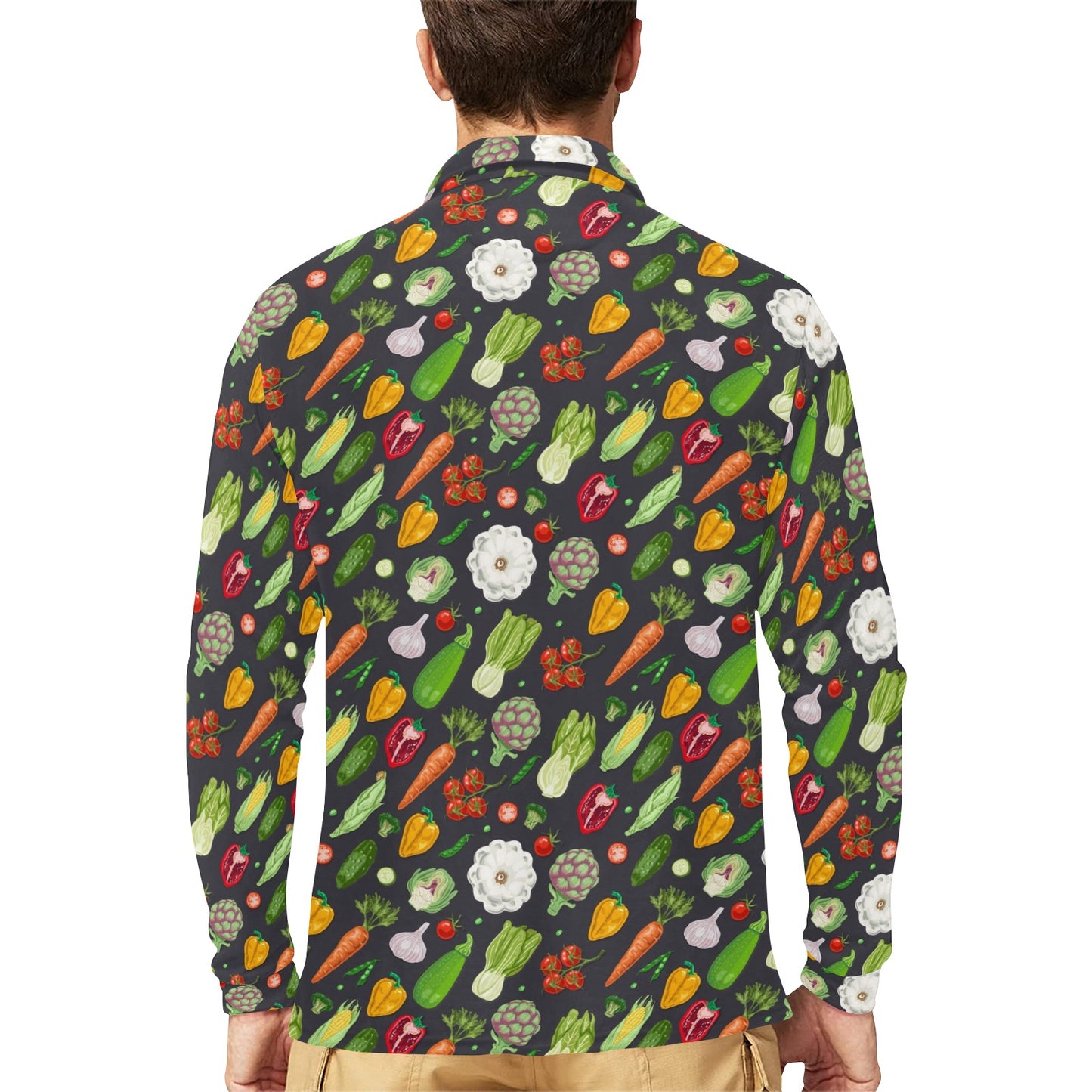 Vegan Pattern Themed Design Print Long Sleeve Polo Shirt For Men's