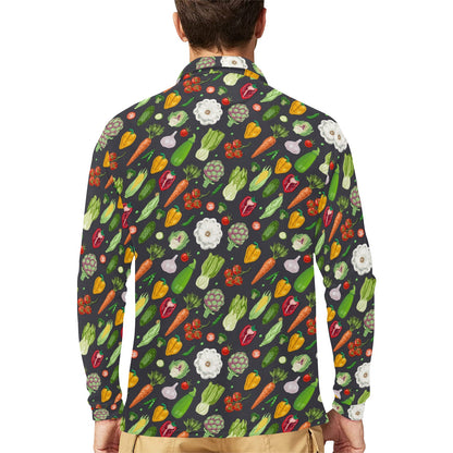 Vegan Pattern Themed Design Print Long Sleeve Polo Shirt For Men's