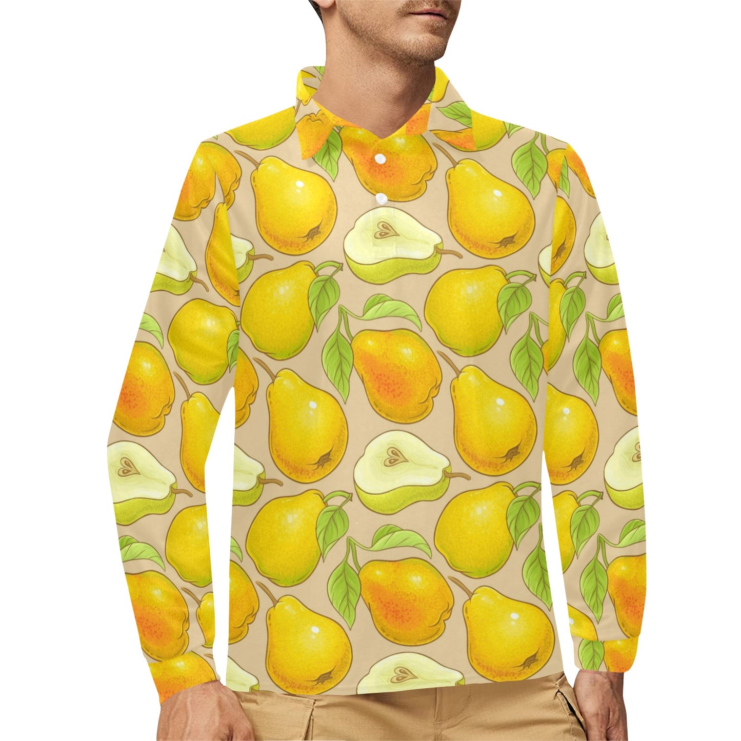 Pear Pattern Print Design PE05 Long Sleeve Polo Shirt For Men's