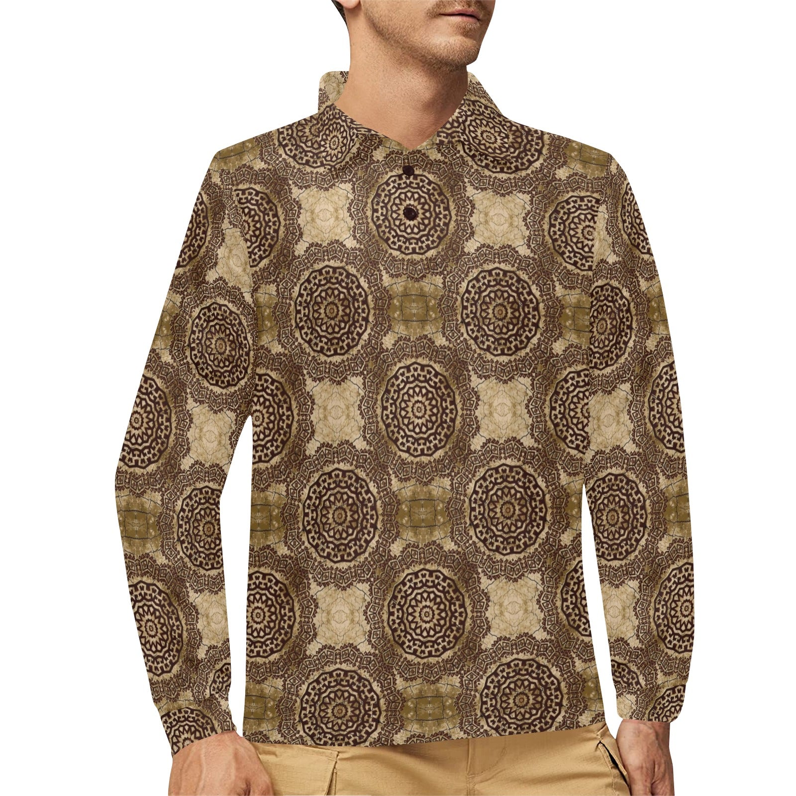 Ancient Greek Symbol Print Design LKS309 Long Sleeve Polo Shirt For Men's