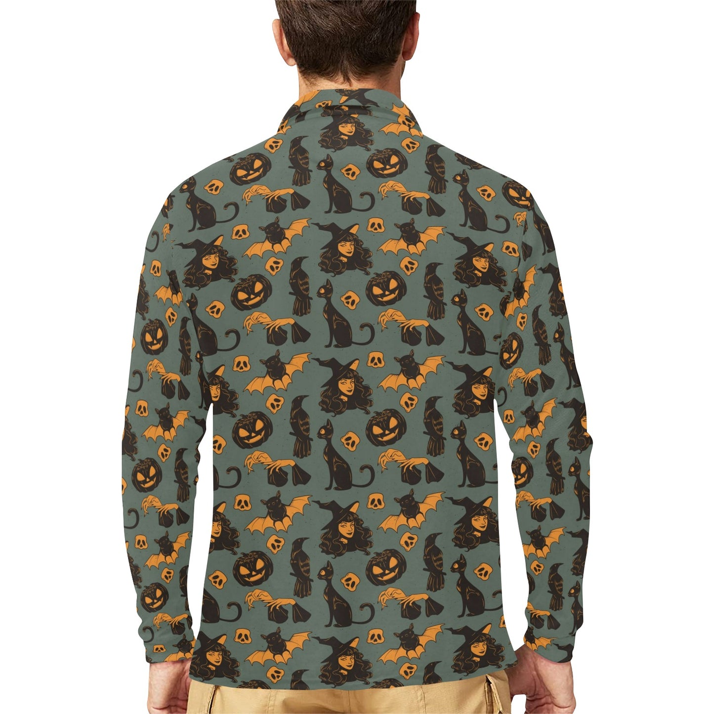 Witch Bat Halloween Print Design LKS305 Long Sleeve Polo Shirt For Men's