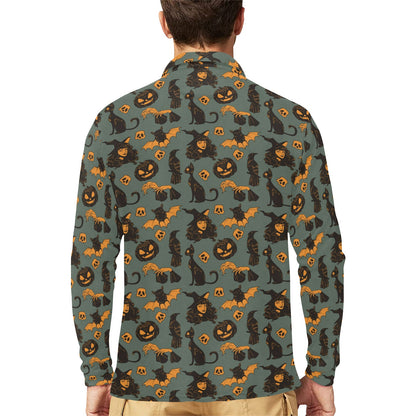 Witch Bat Halloween Print Design LKS305 Long Sleeve Polo Shirt For Men's