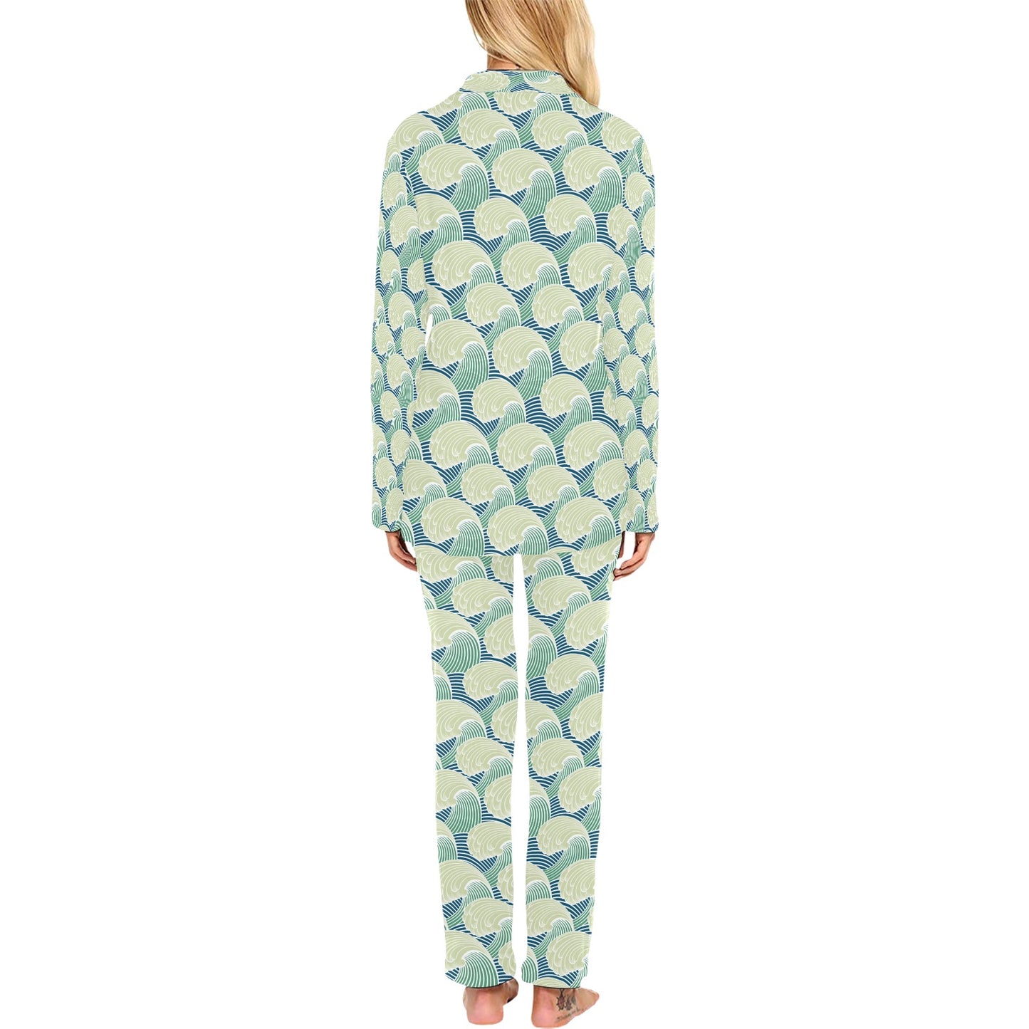 Wave Japan Style Print Design LKS302 Women's Long Pajama Set