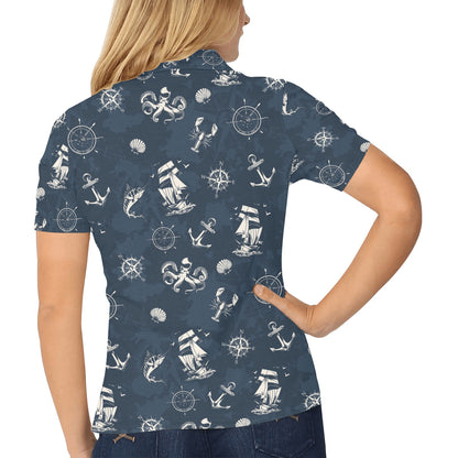 Nautical Sea Themed Print Women's Polo Shirt