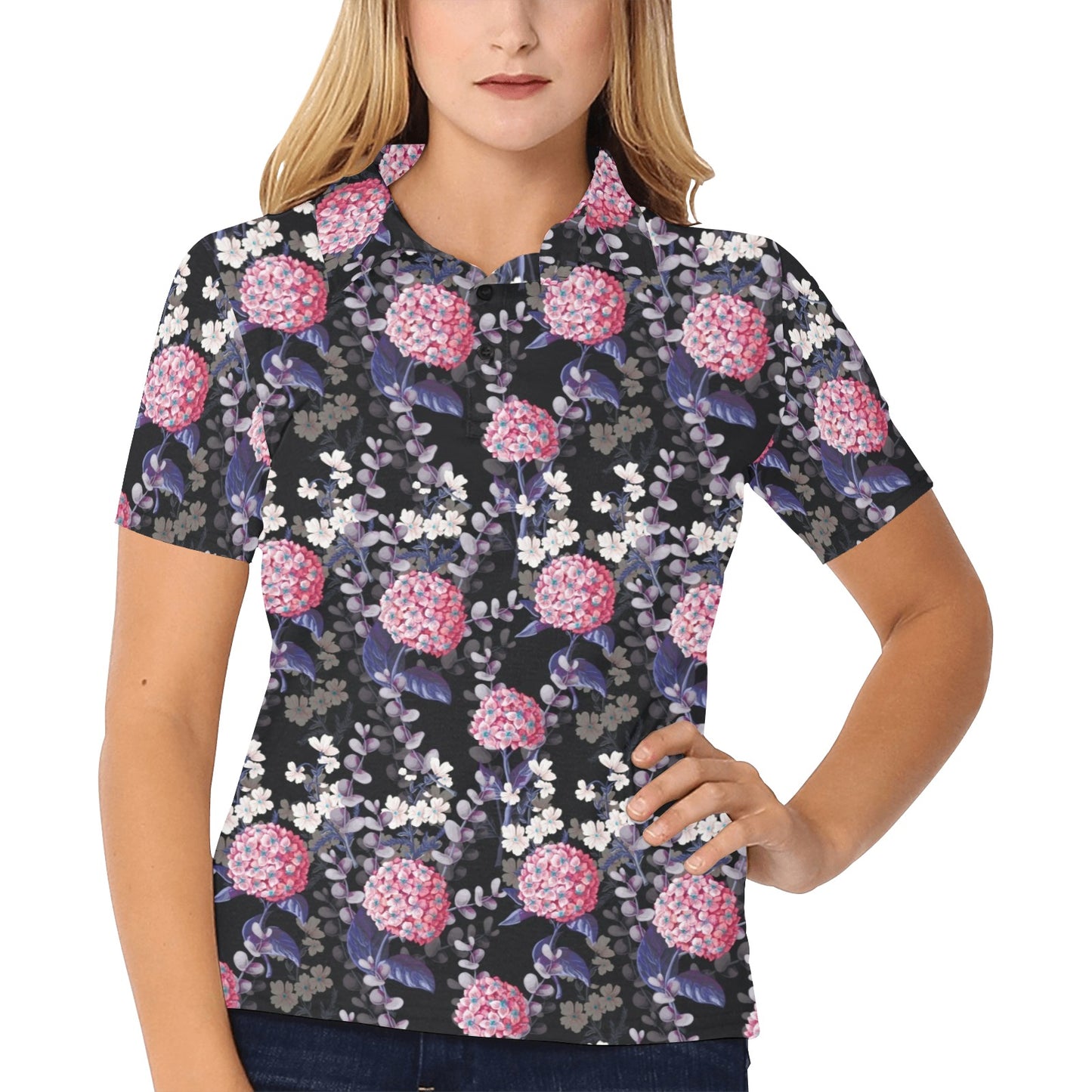 Hydrangea Pattern Print Design HD04 Women's Polo Shirt