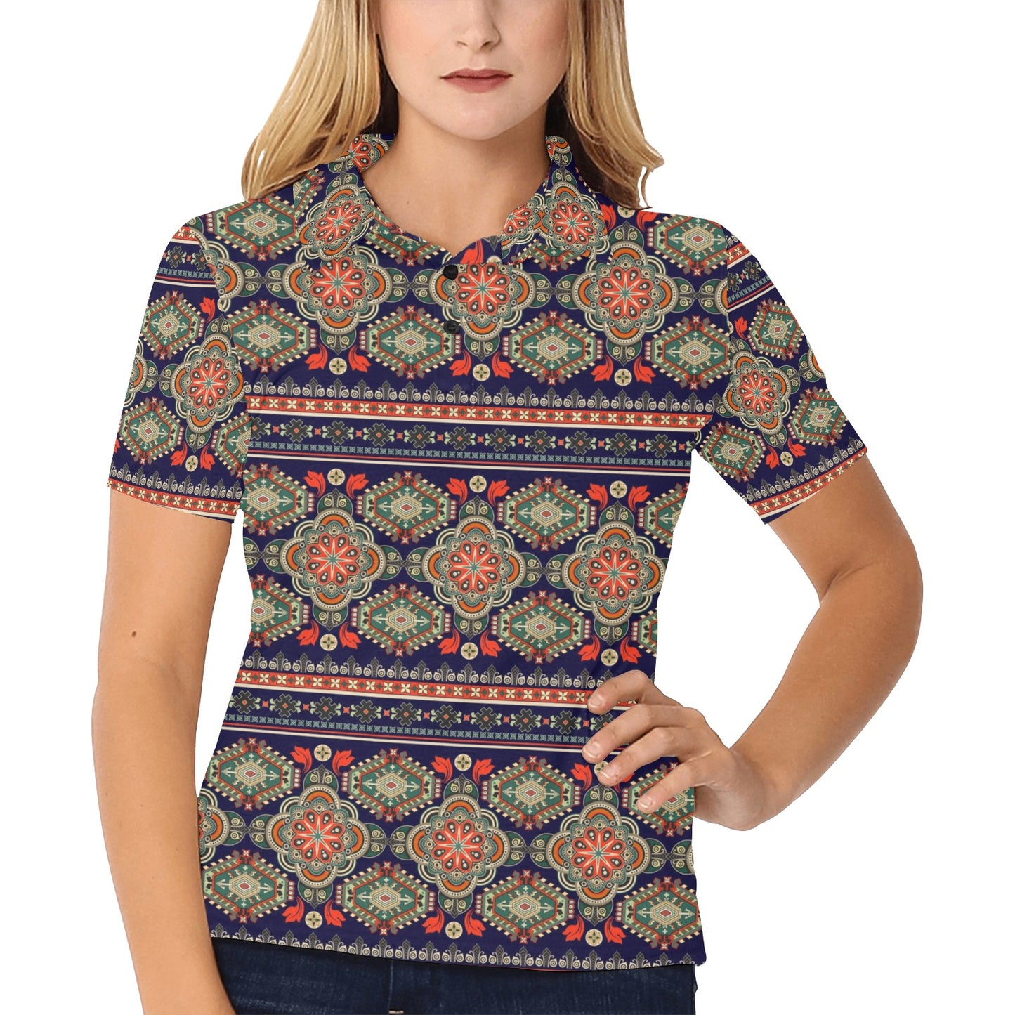 Ethnic Geometric Print Pattern Women's Polo Shirt
