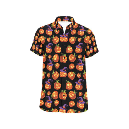 Witch Pumpkin Halloween Print LKS302 Men Short Sleeve Button Up Shirt