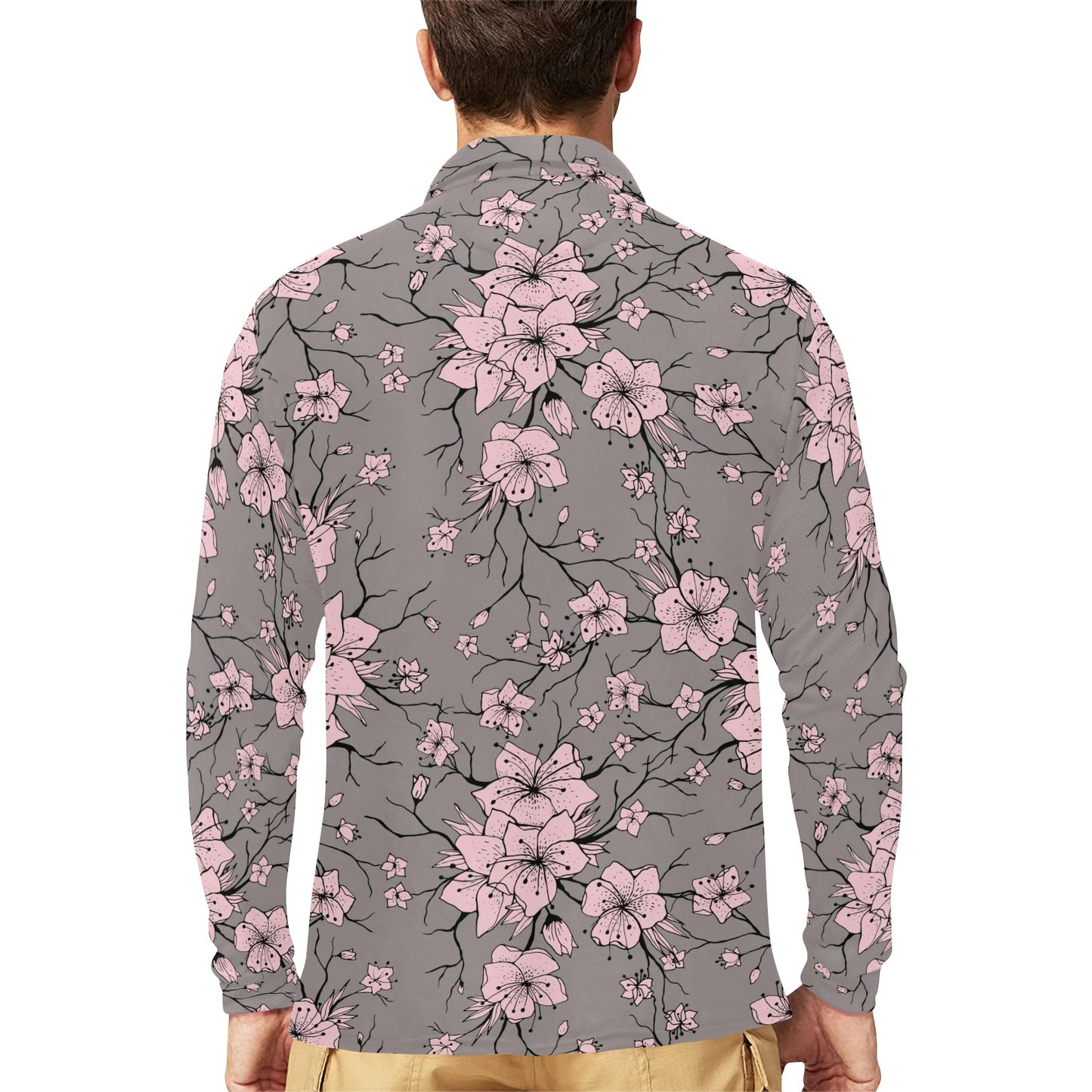 Cherry Blossom Pattern Print Design CB05 Long Sleeve Polo Shirt For Men's