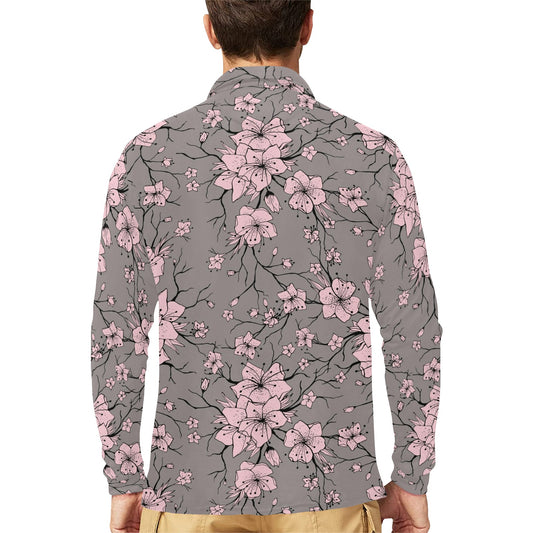 Cherry Blossom Pattern Print Design CB05 Long Sleeve Polo Shirt For Men's