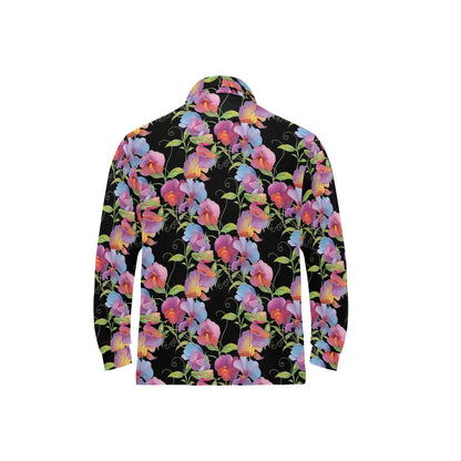 Peony Pattern Print Design PE012 Long Sleeve Polo Shirt For Men's