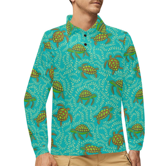 Sea Turtle Pattern Print Design T010 Long Sleeve Polo Shirt For Men's