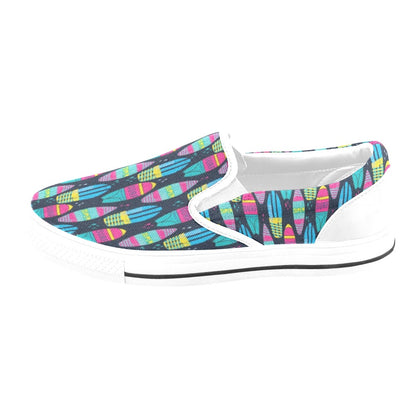 Surfboard Colorful Print Design LKS302 White Slip Ons Canvas Women's Shoes