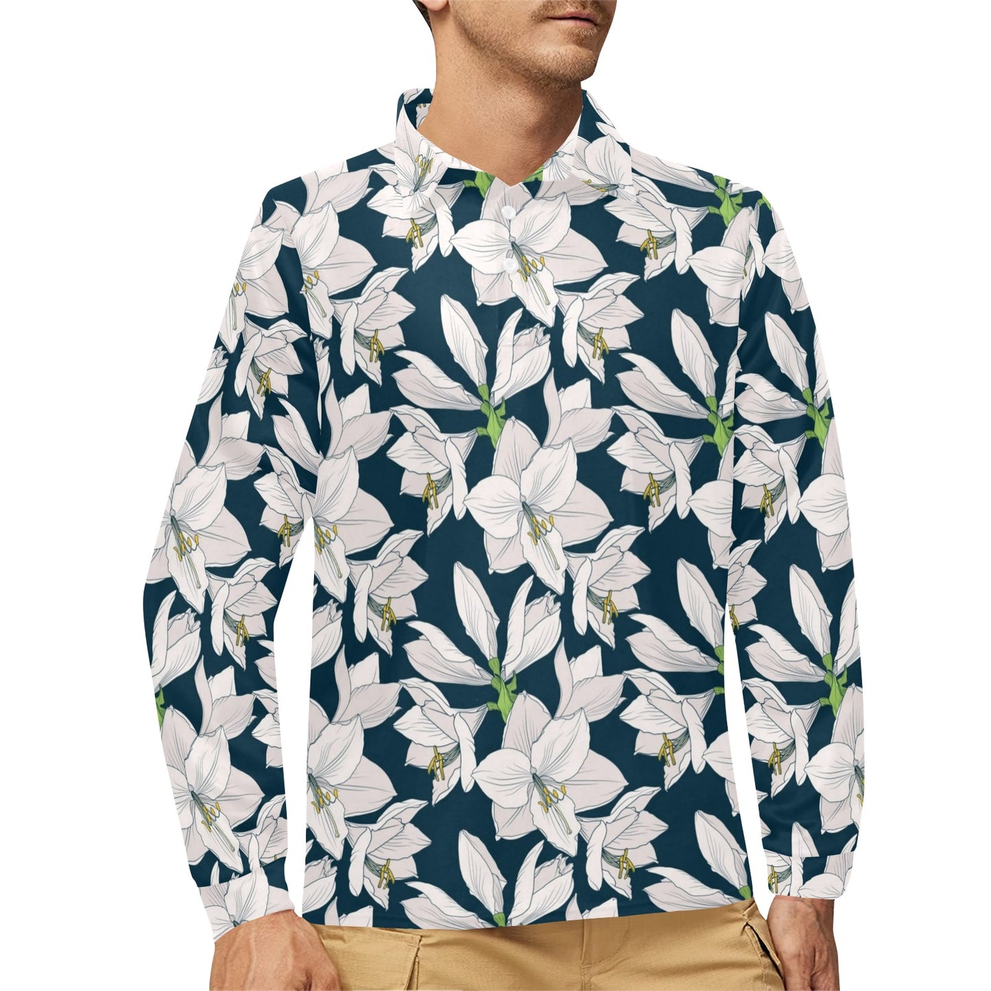 Amaryllis Pattern Print Design AL02 Long Sleeve Polo Shirt For Men's