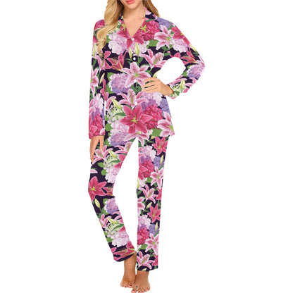 Lily Pattern Print Design LY017 Women's Long Pajama Set