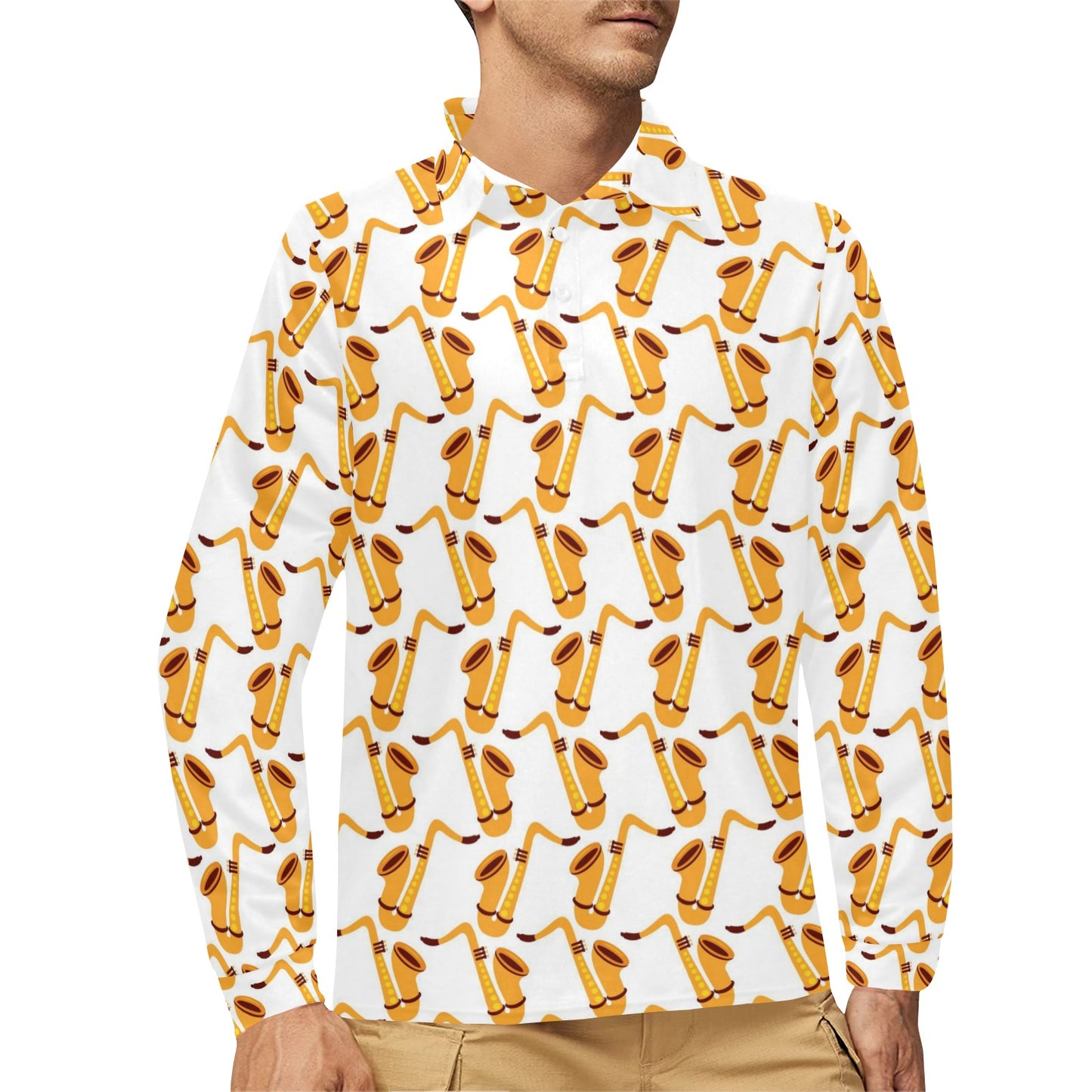 Saxophone Print Design LKS404 Long Sleeve Polo Shirt For Men's