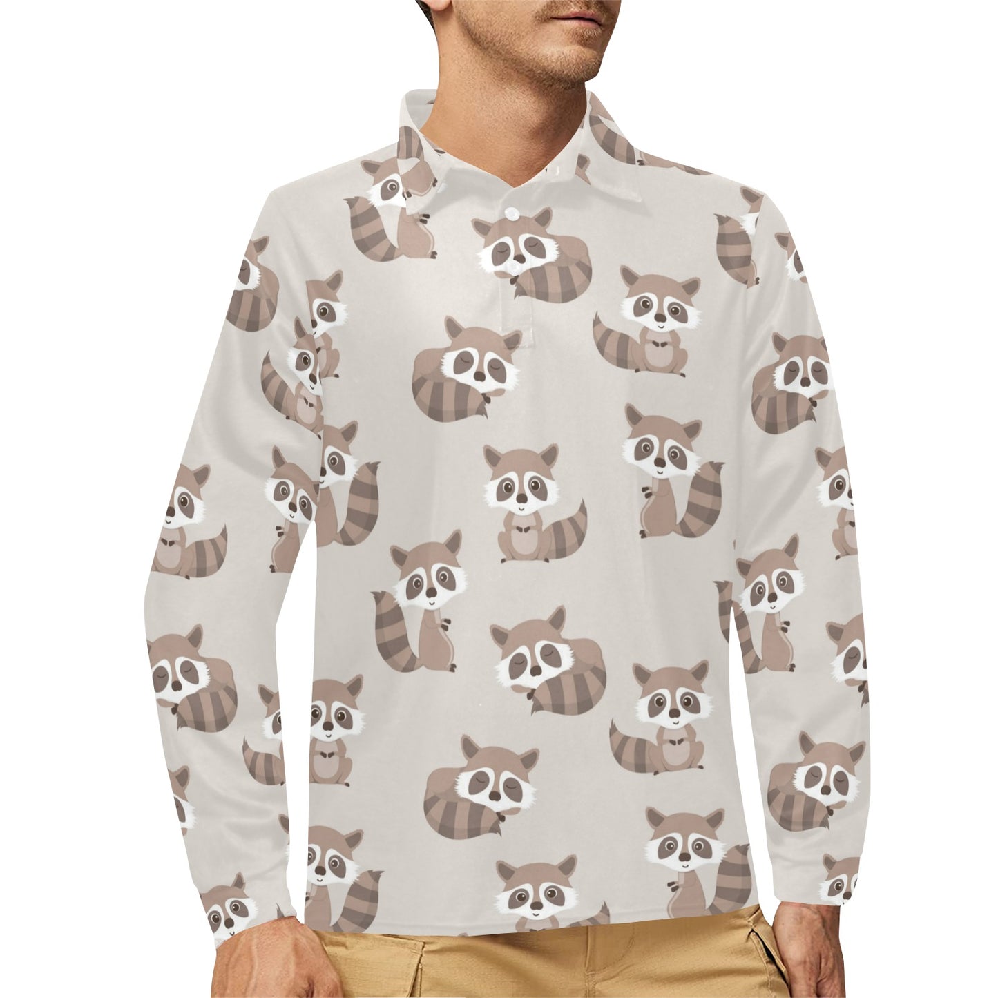 Raccoon Pattern Print Design A05 Long Sleeve Polo Shirt For Men's