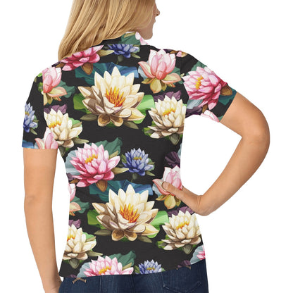 Water Lily Pattern Print Design WL02 Women's Polo Shirt