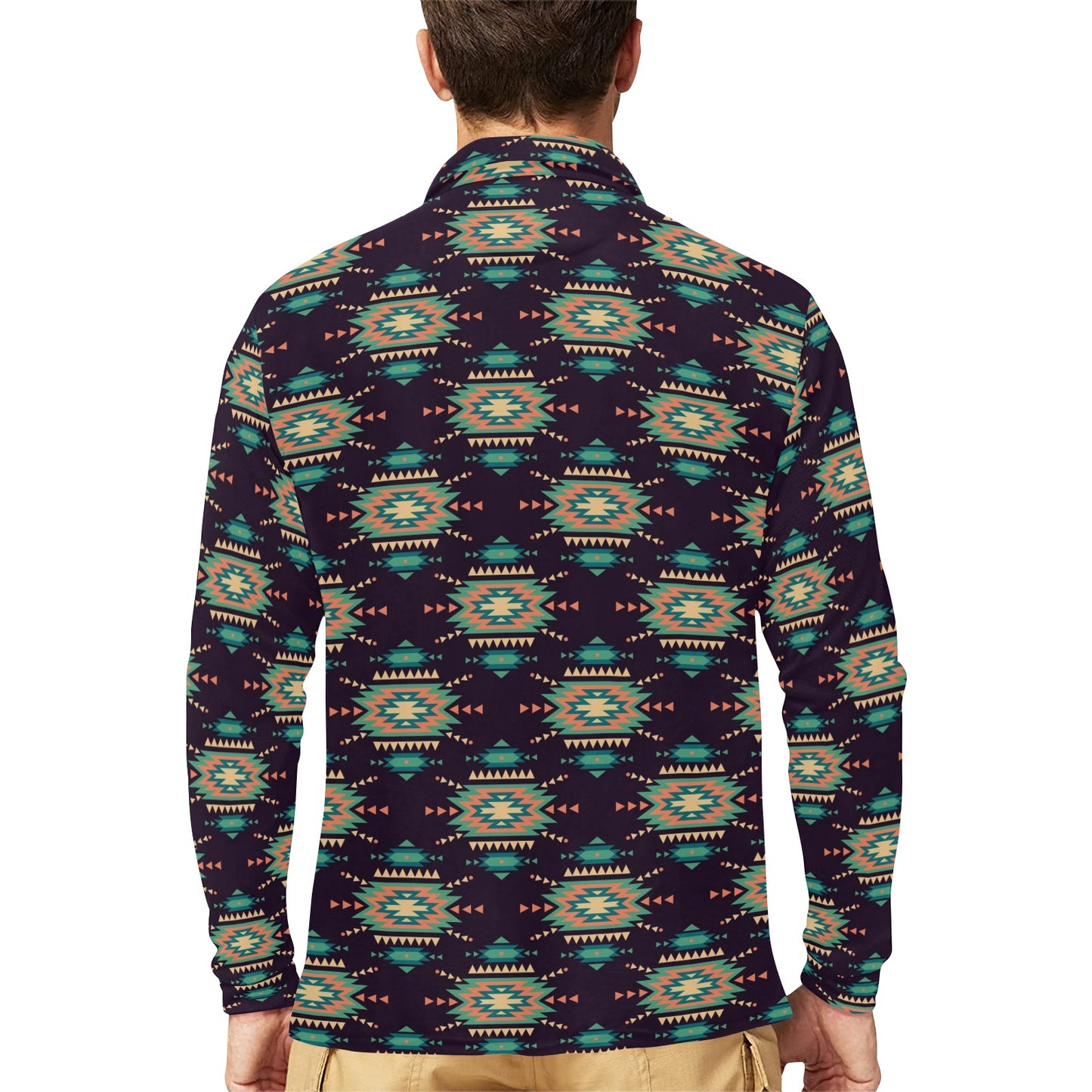 Navajo Geometric Style Print Pattern Long Sleeve Polo Shirt For Men's