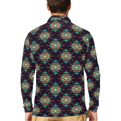 Navajo Geometric Style Print Pattern Long Sleeve Polo Shirt For Men's