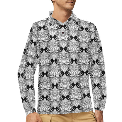 Lotus Mandala Print Pattern Long Sleeve Polo Shirt For Men's