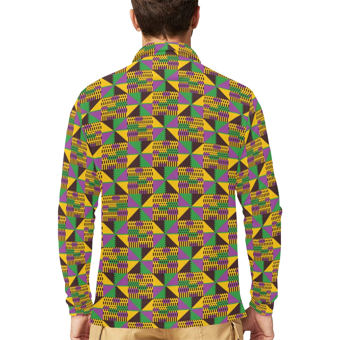 Kente Triangle Design African Print Long Sleeve Polo Shirt For Men's