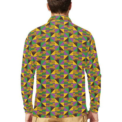 Kente Triangle Design African Print Long Sleeve Polo Shirt For Men's