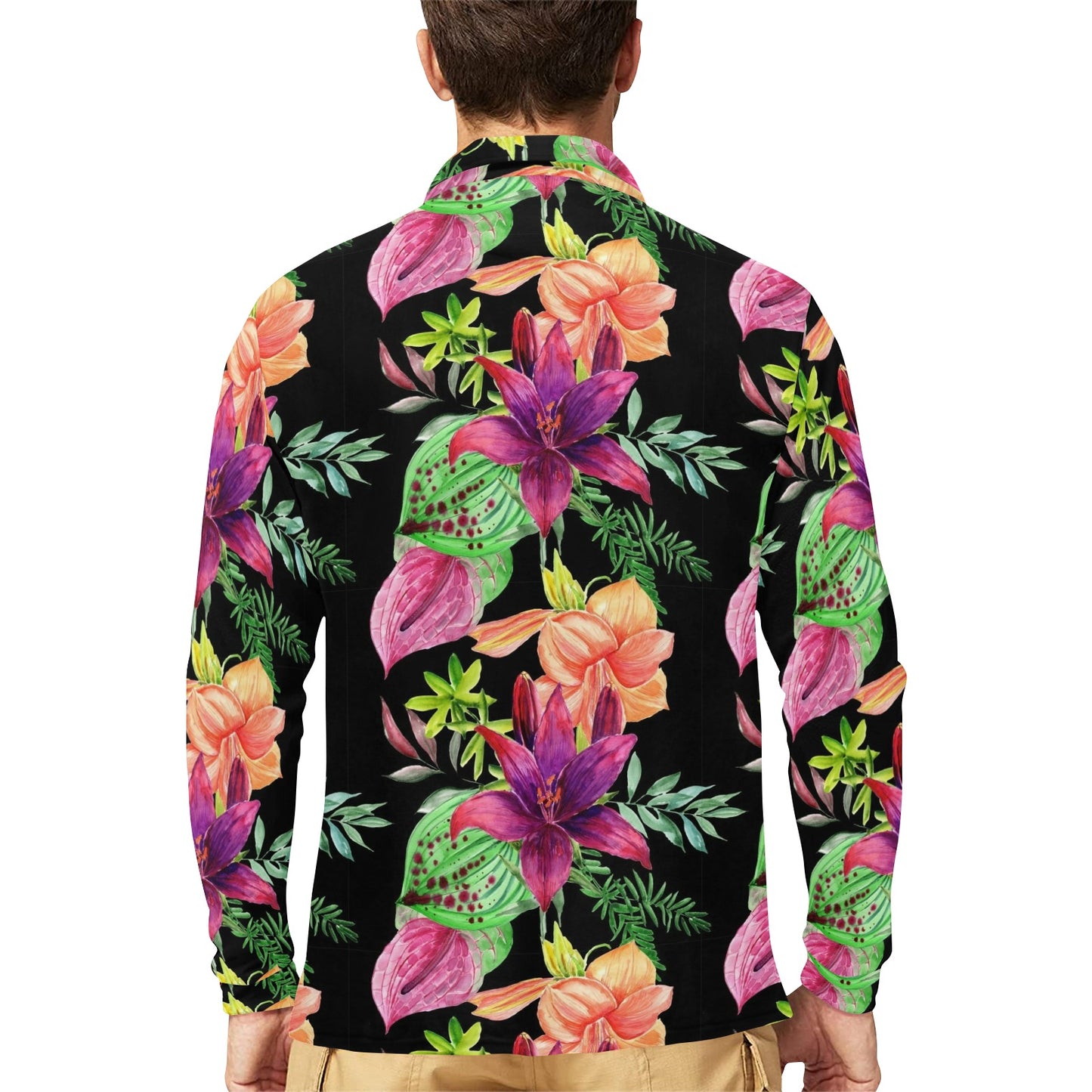 Amaryllis Pattern Print Design AL09 Long Sleeve Polo Shirt For Men's