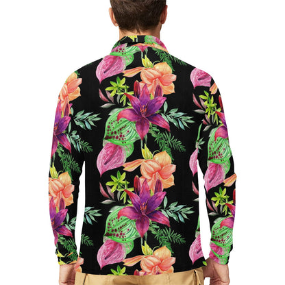 Amaryllis Pattern Print Design AL09 Long Sleeve Polo Shirt For Men's