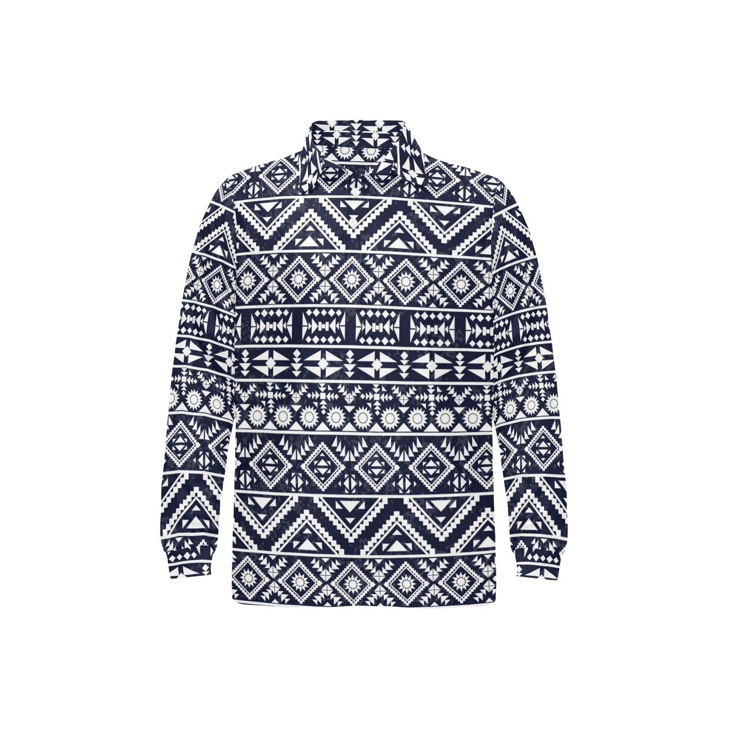 Blue White Tribal Aztec Long Sleeve Polo Shirt For Men's