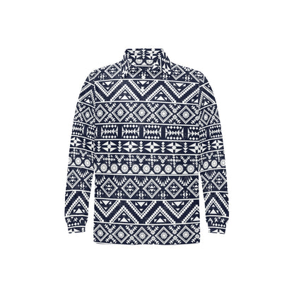 Blue White Tribal Aztec Long Sleeve Polo Shirt For Men's