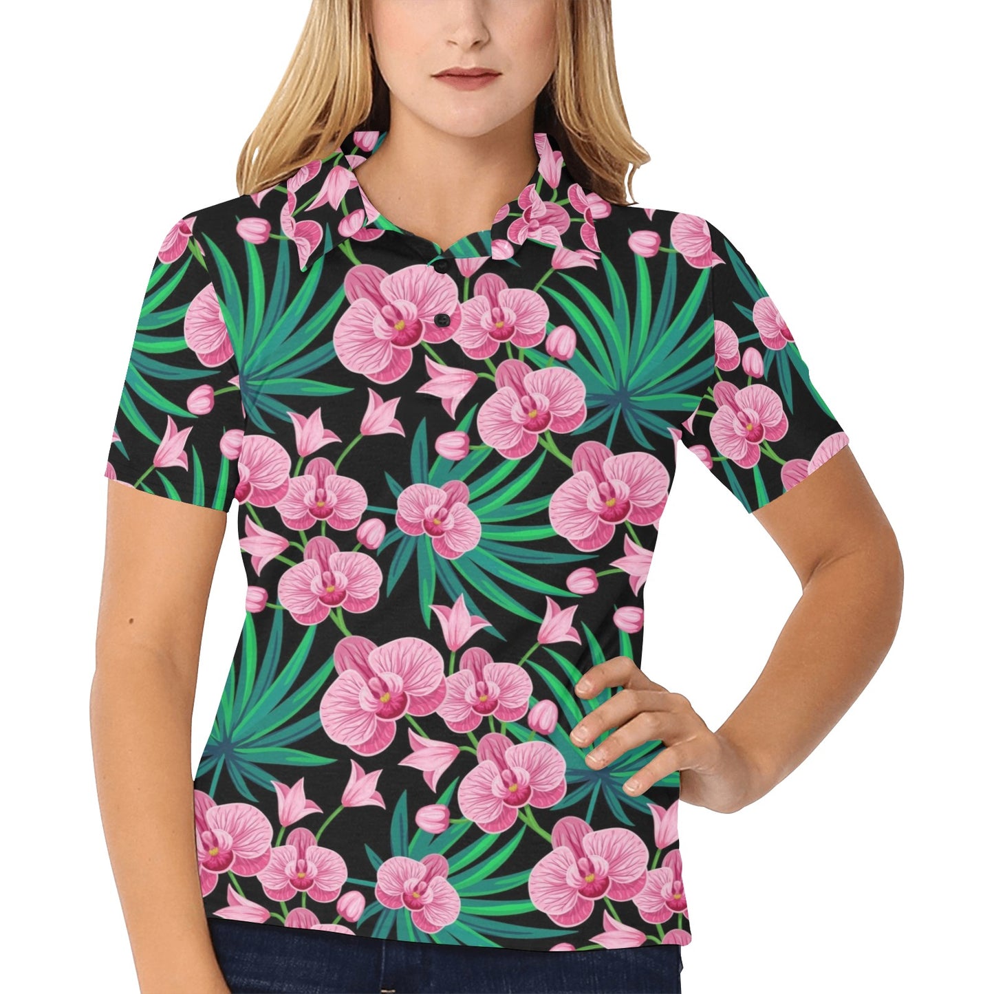 Orchid Pink Pattern Print Design OR06 Women's Polo Shirt