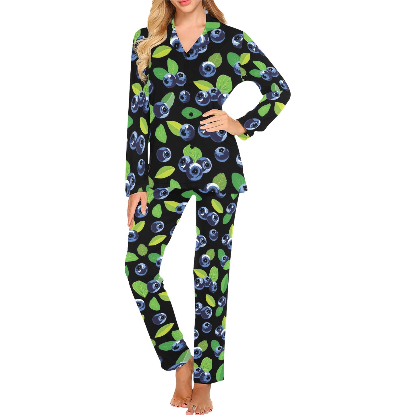 Blueberry Pattern Print Design BB03 Women's Long Pajama Set